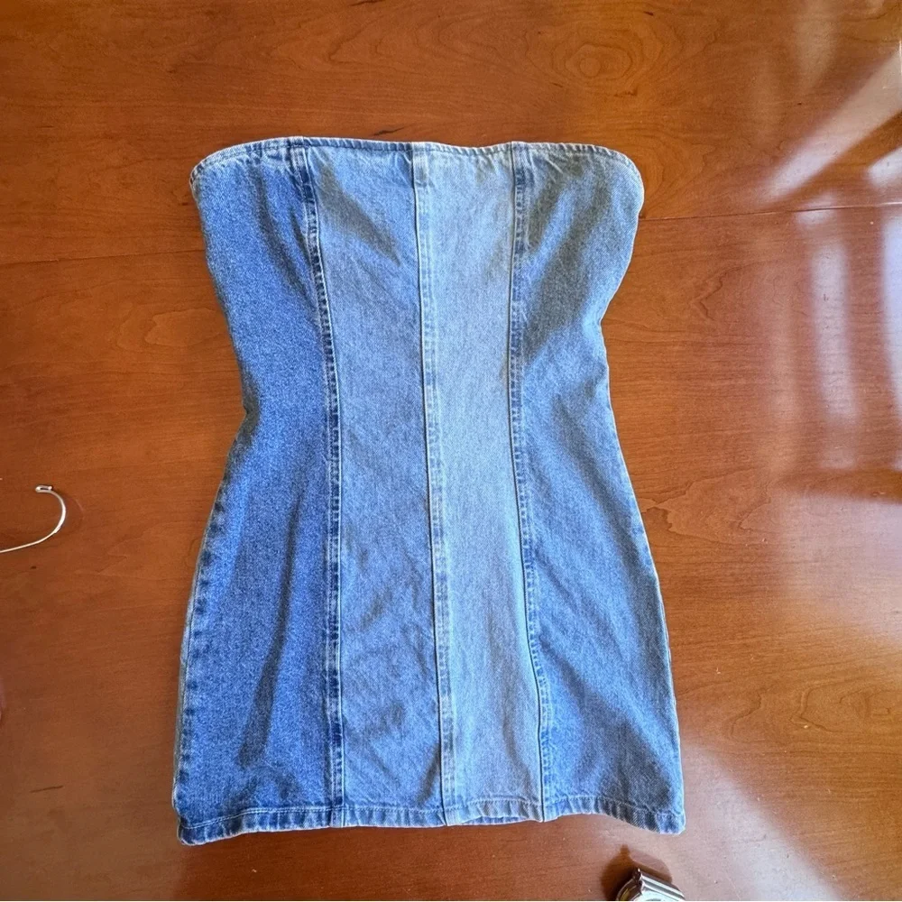 PrettyLittleThing Denim Cotton Patchwork Strapless Mini Dress Blue Stripe